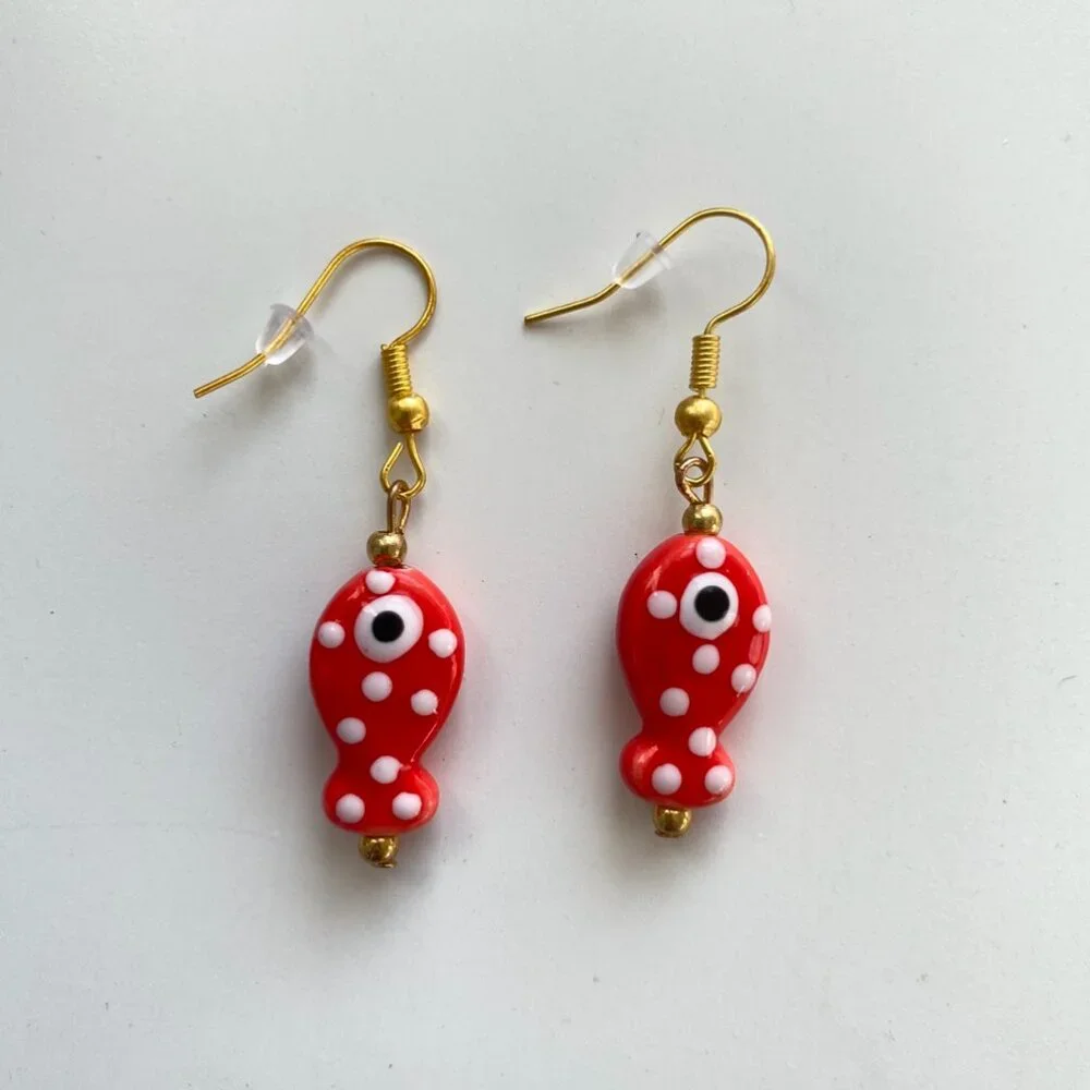 Handmade Earrings Ceramic Fish Sardines GOLD PLATED STAINLESS STEEL Whimsy Fun